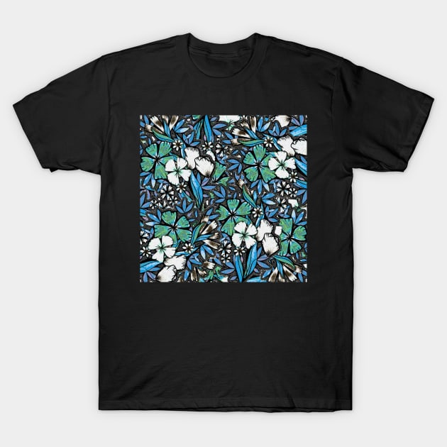 Flower Flurry - Blue and Green Hues - Digitally Illustrated Flower Pattern for Home Decor, Clothing Fabric, Curtains, Bedding, Pillows, Upholstery, Phone Cases and Stationary T-Shirt by cherdoodles